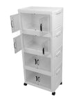 Heavy Duty Four Tier Wheeled Storage Cart With Lids Stackable Foldable Plastic Organizer Bins showing opened compartments.