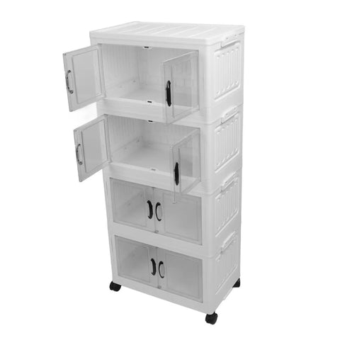 Heavy Duty Four Tier Wheeled Storage Cart With Lids Stackable Foldable Plastic Organizer Bins showing opened compartments.