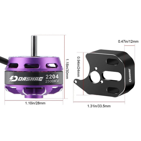 2500KV Brushless Outrunner Motor with mount for 1/24 RC micro rock crawlers and Axial SCX24 upgrades, shown with dimensions