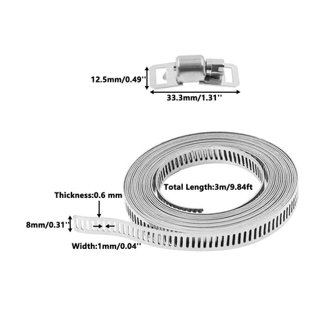 Worm gear hose clamp coil in 304 stainless steel; adjustable metal band with screw mechanism.
