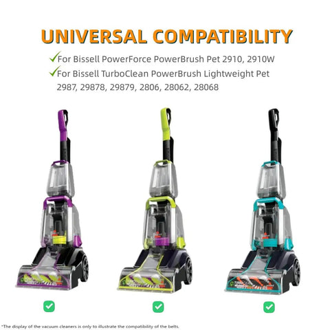 Three Bissell PowerForce and TurboClean pet carpet cleaners, compatible with flat pump belts for models 2910, 2910W, 2987.