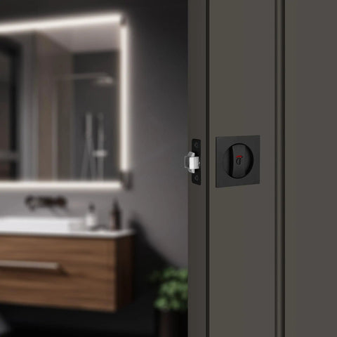 Pocket Door Lock Hardware Matte Black Privacy Lock With Indicator installed on sliding door in modern bathroom setting.