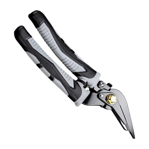 Rugged Thickened Steel Snips With Anti Rust Coating For Smooth Accurate Metal Cuts On Aluminum And Steel Strips Multi Purpose Cutting Tool Built For Pro Grade Precision And Long Lasting Sharpness With Easy Grip Handle, angled close-up