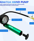 ZKTOOL aluminum radiator pressure tester hand pump with gauge, 0–35 psi, green body, black hose, brass coupling
