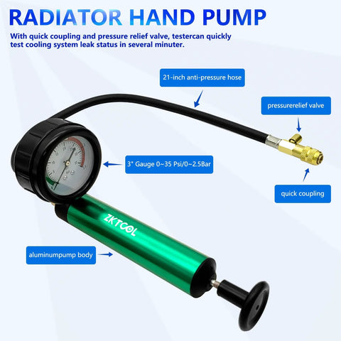 ZKTOOL aluminum radiator pressure tester hand pump with gauge, 0–35 psi, green body, black hose, brass coupling