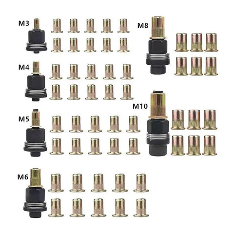 Garage Ready Carbon Steel Rivet Nut Tool Kit M3 To M8 Hand Crimping Pliers with assorted rivet nuts and sizes M3 to M10.