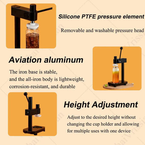 Easy Manual Can Sealer For Home Brewing And Beverage Preservation Fits All Standard Sizes With Secure Seal To Stop Spills Made From Light Aircraft Grade Aluminum For Long Lasting Results Every Single Time shown with aviation aluminum and height adjustment features.