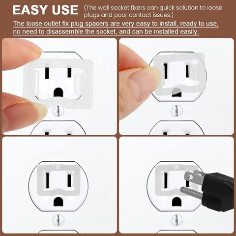 Easy installation of 24 Pack Wall Outlet Fix Plugs Transparent Socket Fixers for loose outlets, demonstrating secure fit and plug use.