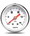 Front view of Inline Low Pressure Gauge 0-15 Psi For Fuel Water And Air, 1-1/2 Inch Dial, 1/8 Inch NPT Back Mount, Stainless Steel Case