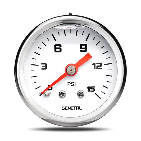 Front view of Inline Low Pressure Gauge 0-15 Psi For Fuel Water And Air, 1-1/2 Inch Dial, 1/8 Inch NPT Back Mount, Stainless Steel Case