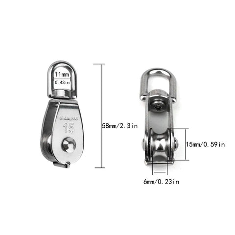 Two Pack Built Tough 304 Stainless Steel Single Pulley Block M15 For Wire Rope Cranes, 360 Degree Rotation, 80 Lb Load Capacity, Hanging Wire Towing Wheel With Spring Snap Hooks, 6mm rope slot, 58mm size