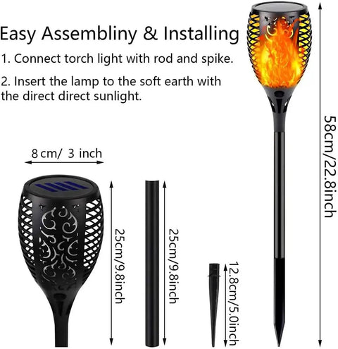 Diagram showing assembly of Outdoor Solar Torch Lights 4 Pack With Dancing Flame LEDs That Look Totally Lit Waterproof Garden Pathway Lights