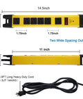 Heavy Duty 6 Outlet Power Strip Surge Protector With 15A 125V 6Ft Extension Cord Industrial Grade Metal Housing 1200 Joules ETL Listed Rugged Shop Garage Workshop Outlet Strip In Bright Yellow side view with power cord