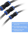 Get Your Hands On These 30 Pieces Of Quick Connect Air Hose Fittings Straight Up For 1/4 Inch And Bigger Tubes Made To Fit Perfectly Without Leaks Or Hassle In Your Shop. black straight push-in air hose fittings with blue collars for nylon tubing