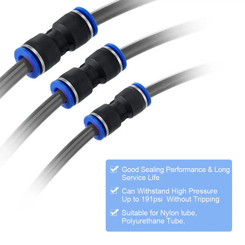 Get Your Hands On These 30 Pieces Of Quick Connect Air Hose Fittings Straight Up For 1/4 Inch And Bigger Tubes Made To Fit Perfectly Without Leaks Or Hassle In Your Shop. black straight push-in air hose fittings with blue collars for nylon tubing