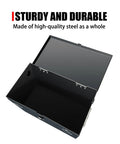Built Tough Steel Battery Box Enclosure Fits 12V Deep Cycle Groups 24 And 27 showing a sturdy black steel box with an open lid.