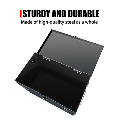 Built Tough Steel Battery Box Enclosure Fits 12V Deep Cycle Groups 24 And 27 showing a sturdy black steel box with an open lid.