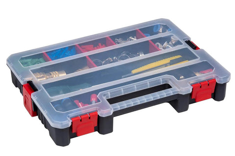Front view of a 2-Pack Stackable Small Parts Organizer Box With 20 Compartments And 12 Removable Dividers Per Box For Screw Nut Bolt Drill Bit Storage