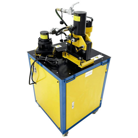 3 In 1 Electric Hydraulic Angle Iron Processing Workhorse Knockout Power Punch clean cut action metal fabrication machine with hydraulic components.