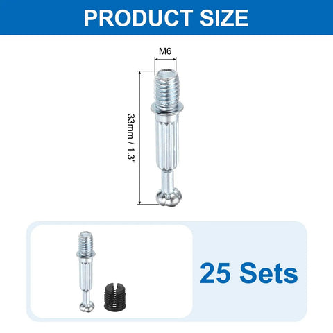 Heavy Duty 25 Pack Cam Lock Screws For Furniture Assembly Zinc Alloy M6x33mm showing size and matching dowels.