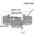Rockin Metal Electric RC Winch For Mini 1/18 Trx4m And 1/24 Fms Crawlers top view showing dimensions and weight specifications.