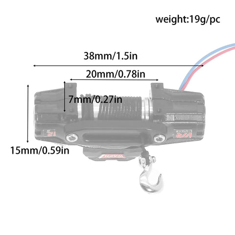 Rockin Metal Electric RC Winch For Mini 1/18 Trx4m And 1/24 Fms Crawlers top view showing dimensions and weight specifications.