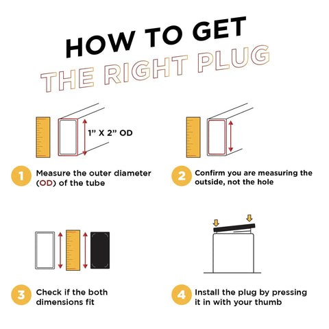 Diagram showing installation steps for Ribbed 1x2 Inch Plastic Hole Caps For Rectangular Tubing with measuring guide