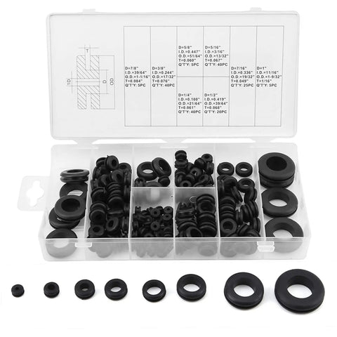 Top Notch Soft Plastic Grommet Kit Featuring 8 Sizes For Pipes Hydraulic Air Gas Lines Plus Pvc Snap Shut Cable Protection Assortment To Keep Your Wires Safe And Sound On Any Serious Job Site Today. black plastic grommets in assorted sizes, 140-piece organizer kit