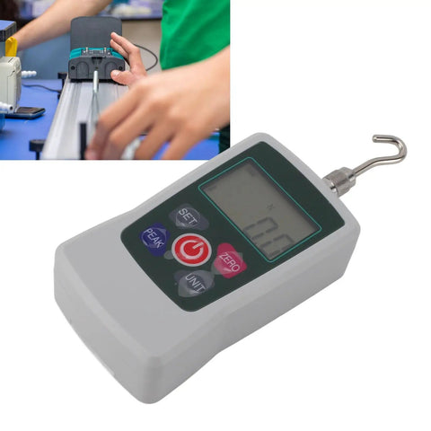Digital Push Pull Force Tester 20N To 200N With Built In Sensor And Auto Backlit LCD Display For Quick Readouts, Storage Capable For Material Mechanics, Product Development And Quality Control, Rugged All Around Workhorse Force Meter used on a test rig