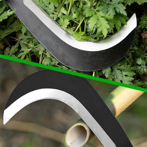 Tough As Nails Sickle Machete For Yard Work With Carbon Steel Blade, shown cutting weeds and light branches, 14 inch short machete