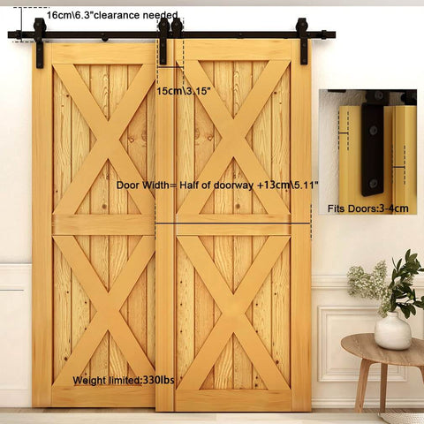 20 Foot Bypass Sliding Barn Door Hardware Kit For Double Doors, Single Track, installed with flat J shape hangers and quiet rollers