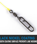 Heavy Duty Fishing Clips With Swivels Set Including Barrel Swivels, Quick Change Lure Snaps, Stainless Steel Tackle Connectors For Freshwater And Saltwater, 50 Pack showing black nickel coating clip on yellow line