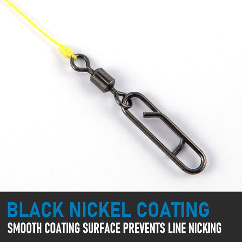 Heavy Duty Fishing Clips With Swivels Set Including Barrel Swivels, Quick Change Lure Snaps, Stainless Steel Tackle Connectors For Freshwater And Saltwater, 50 Pack showing black nickel coating clip on yellow line