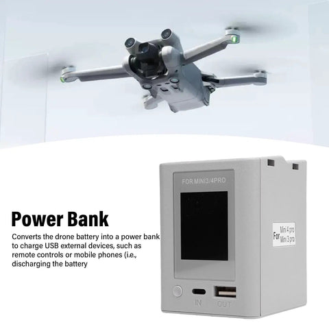 Drone Battery Charger Hub With 45W PD Fast Charging And LCD Display next to a flying drone, dual-bay charging station visible