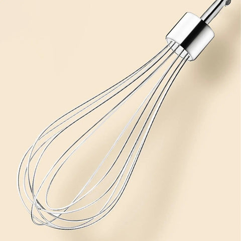 Cordless Electric Hand Mixer With Stainless Steel Beaters close-up of stainless steel whisk for mixing eggs and cream.