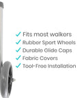 Heavy Duty Walker Wheels And Ski Glides Conversion Kit Built Like A Tank For Smooth Folding Mobility Rollers featuring rubber sport wheels and glide caps.
