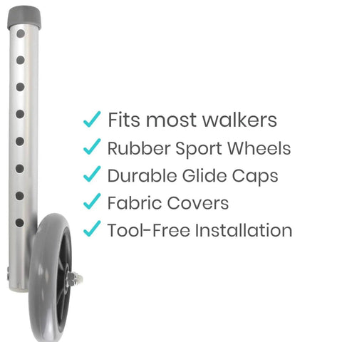 Heavy Duty Walker Wheels And Ski Glides Conversion Kit Built Like A Tank For Smooth Folding Mobility Rollers featuring rubber sport wheels and glide caps.