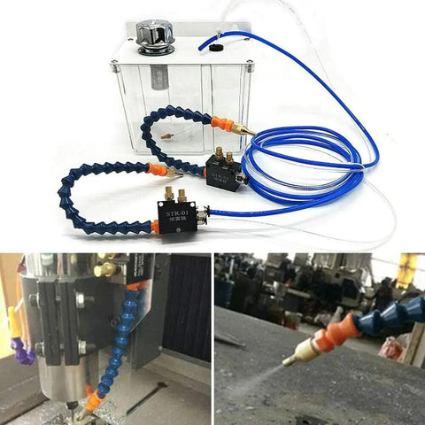 Heavy Duty No Sweat Coolant Spray Pump Kit With Dual Nozzle Lubrication System For Cnc Lathe Milling And Drilling Machines, includes spray reservoir and hoses.