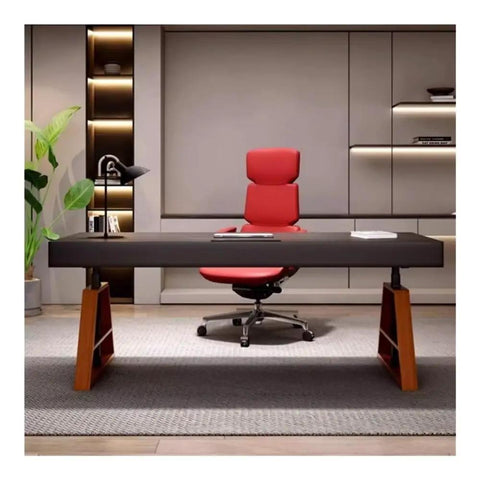 Smooth Electric Lift Standing Desk With Drawer Storage And Usb Charging Port Adjustable Height Home Office Table Built Different For Crushing Your Daily Grind In Sleek Black with red chair and modern decor.