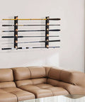 Heavy Duty Steel Fishing Rod Rack And Holder For Wall Or Ceiling Mounts, holding six rods above a sofa