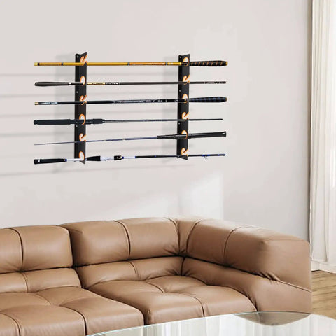 Heavy Duty Steel Fishing Rod Rack And Holder For Wall Or Ceiling Mounts, holding six rods above a sofa