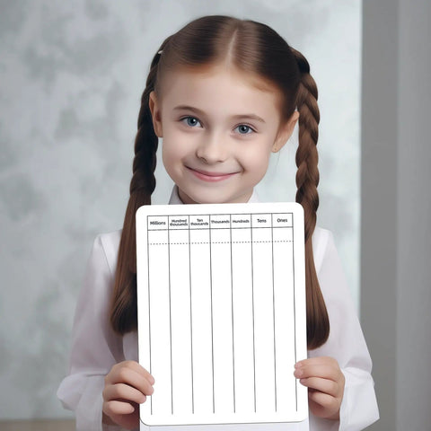 Girl holding Double Sided Whiteboard For Students And Home Learning 9 By 12 Inch Dry Erase Board For Long Division Practice