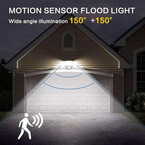 35W LED Security Flood Light Outdoor with Motion Sensor above garage, 150° illumination, showcases dusk to dawn brightness, IP65 weatherproof