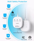 20W USB C Desktop Power Strip With 3 AC Outlets, 3 USB-A Ports, And 1 USB-C Fast Charge showing safety features on white background