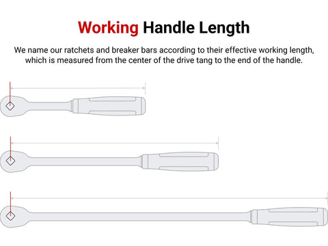 Illustration showing working handle length for flexible head quick release ratchet set with comfort grip handles.
