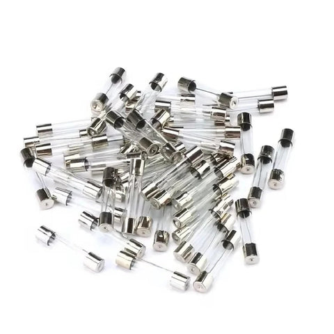 Assorted Glass Tube Fuses Kit with Fast Blow Action for Electronics Projects, includes 5x20mm and 6x30mm sizes, quick cutoff, 0.1A-30A range.