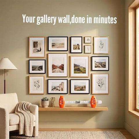 Premium 3 In 1 Picture Hanging Tool With Bubble Level Dual Plastic Rulers And Sharp Metal Push Nails For Effortless Wall Art Display Secure Frame Mounting And Never Guessing Measurements Again Like A Champ