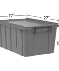 Heavy Duty Industrial Plastic Stackable Tote With Hinged Attached Lid In Green For Shipping Sorting Hauling And Storage 27 Inch Long 17 Inch Wide 12 Inch High KeepBox Style with measurements