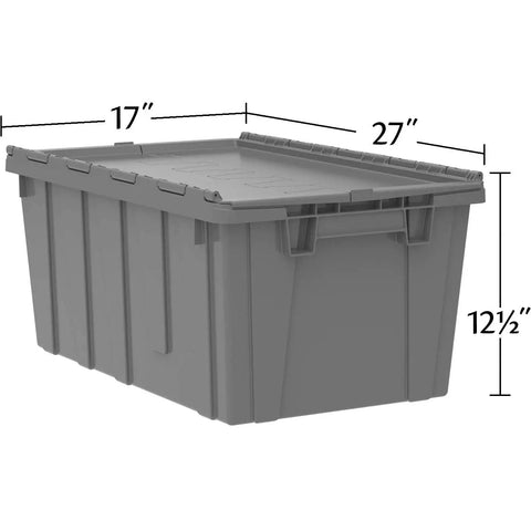 Heavy Duty Industrial Plastic Stackable Tote With Hinged Attached Lid In Green For Shipping Sorting Hauling And Storage 27 Inch Long 17 Inch Wide 12 Inch High KeepBox Style with measurements