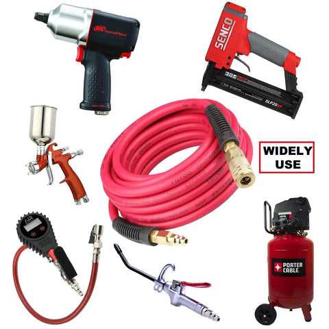 3/8 Inch By 50 Feet Air Hose With 300 PSI Heavy Duty Built To Last Lightweight Kink Resistant All Weather Flex, red coil amid tools